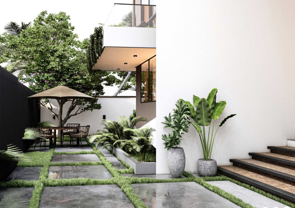 A modern exterior structured by lines, opening into open